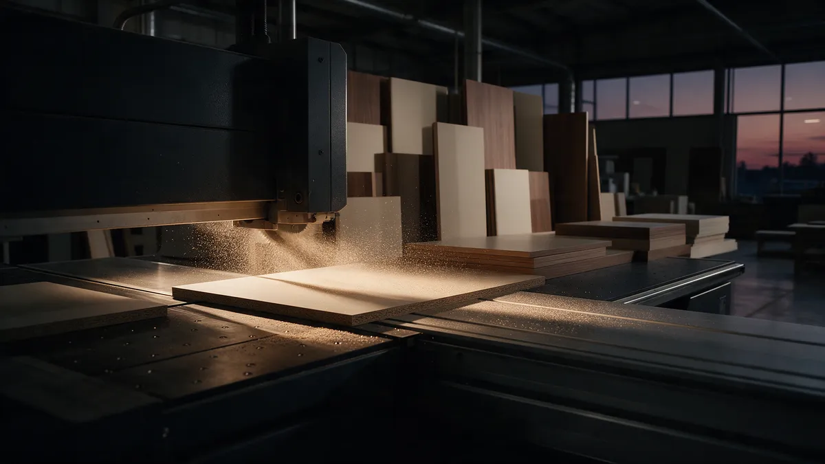 Panels stacked beside the beam saw in the Orovell factory, Balanagar