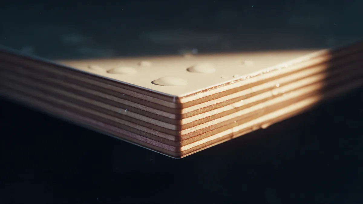 Close-up of the corner of a BWP plywood carcass panel, its layered edge in raking light