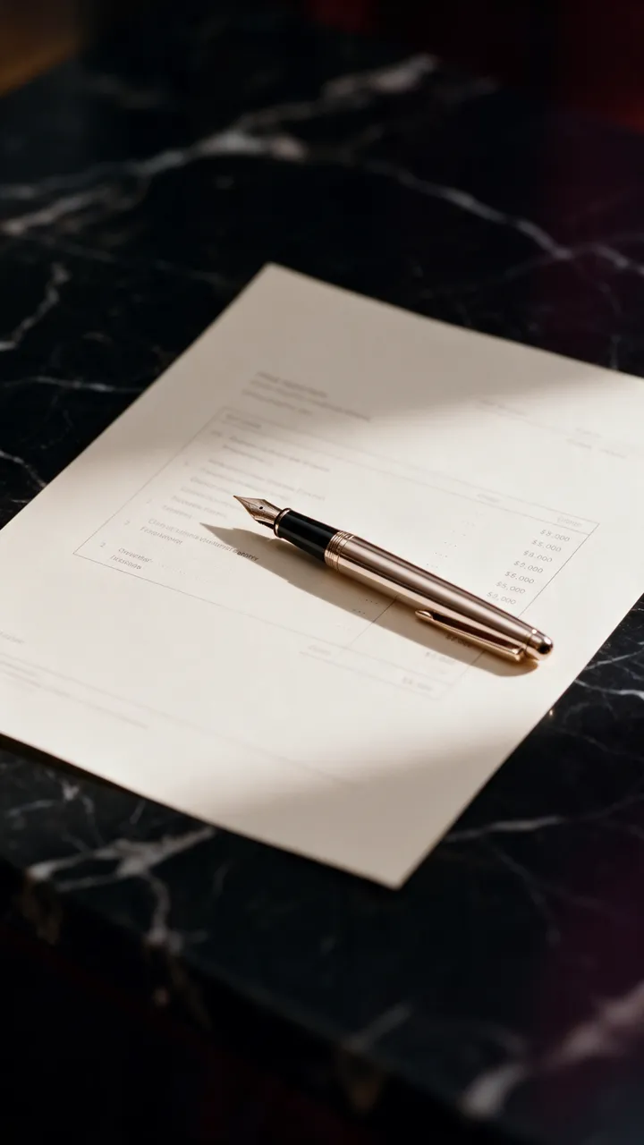 An itemised estimate and a gold pen on black marble