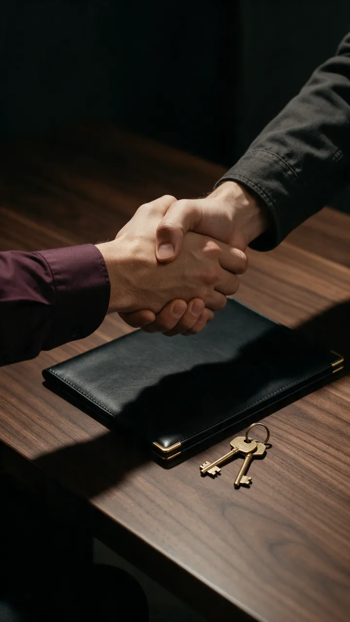 A handshake over a leather folder and brass keys on a walnut desk