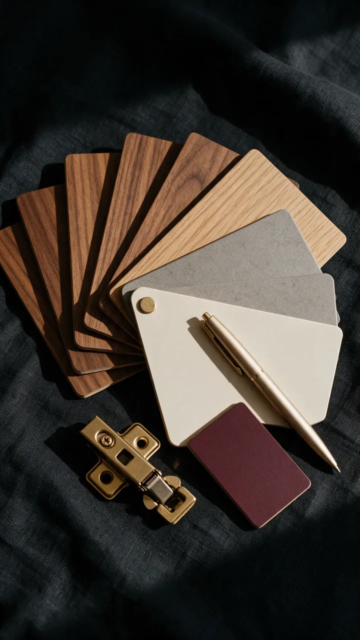 Fanned laminate and veneer swatches with a brass hinge sample