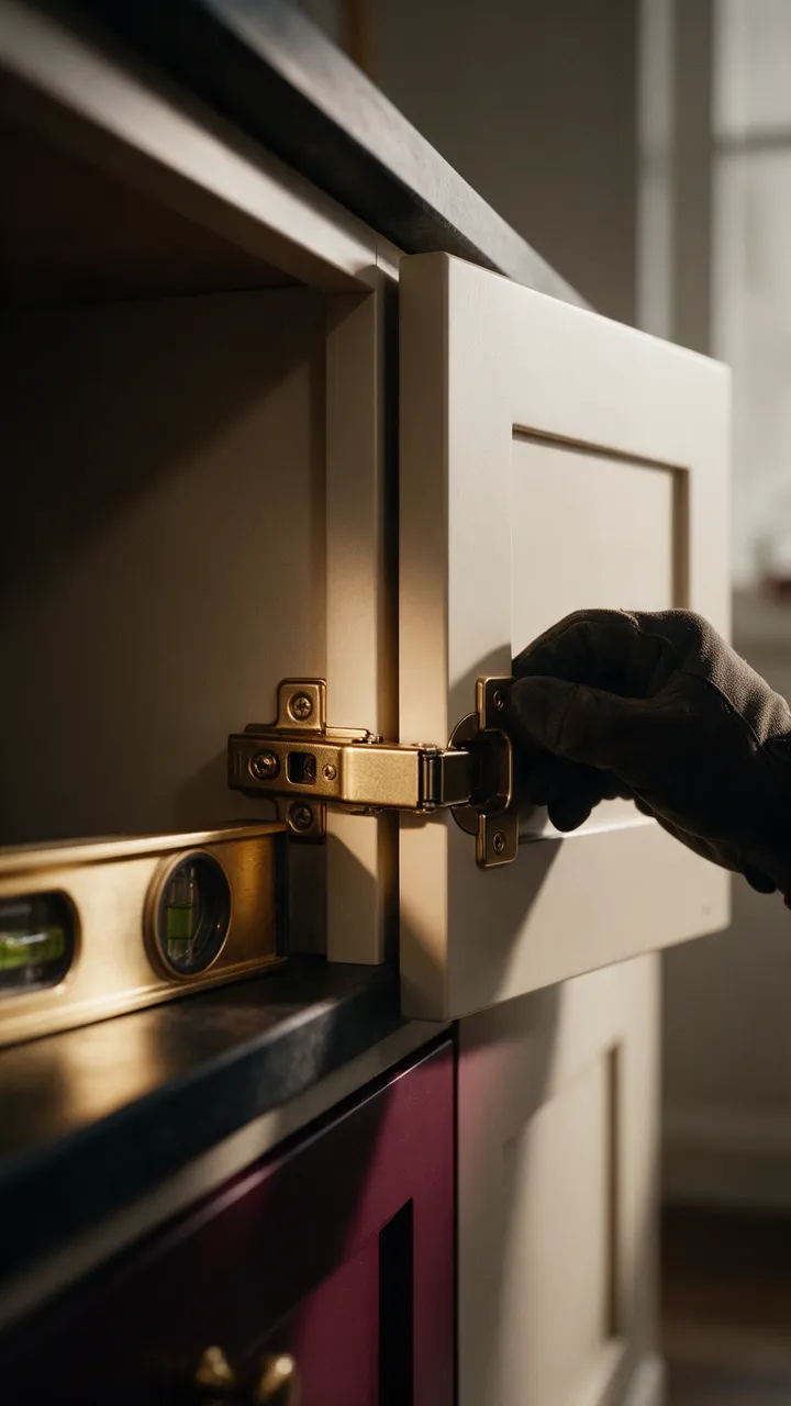 A brass soft-close hinge being fitted to a cabinet door