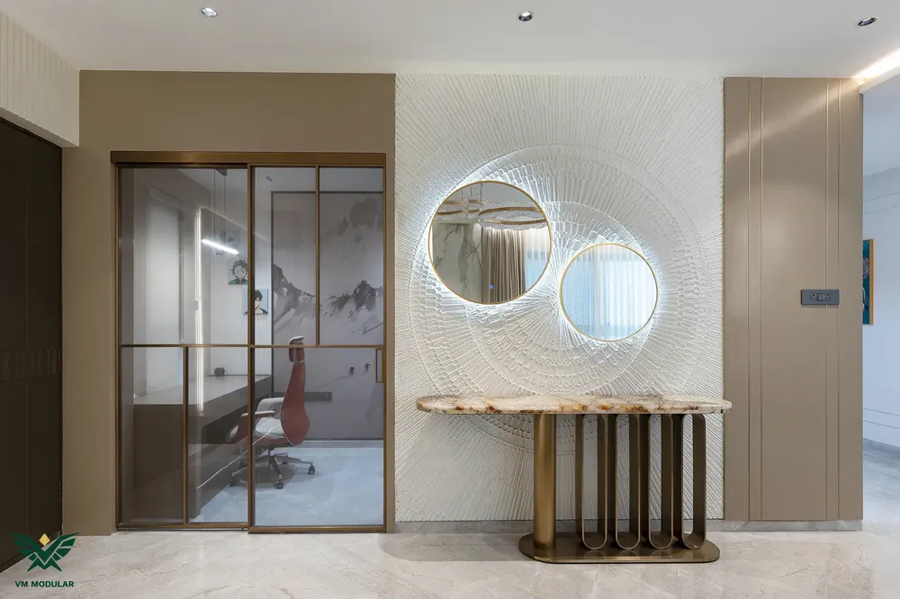 Glass partition with round mirrors and a stone console, W by DSR